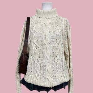 vintage 90s chunky cable knit turtle neck sweater cozy rory gilmore clean girl